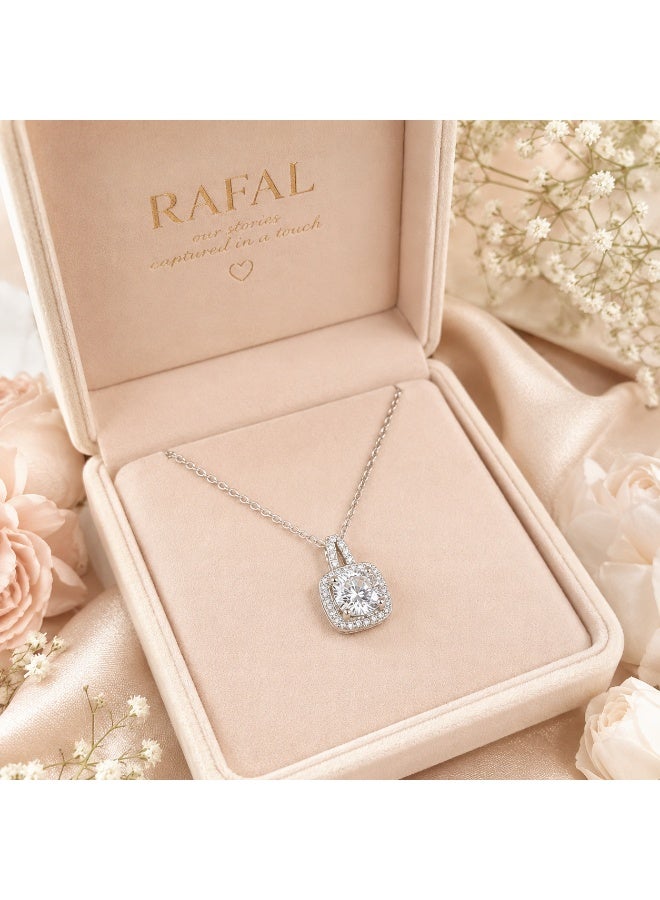 RAFAL Women's Silver-Tone Round Crystal Solitaire Pendant Necklace with Cushion Halo - Image 4