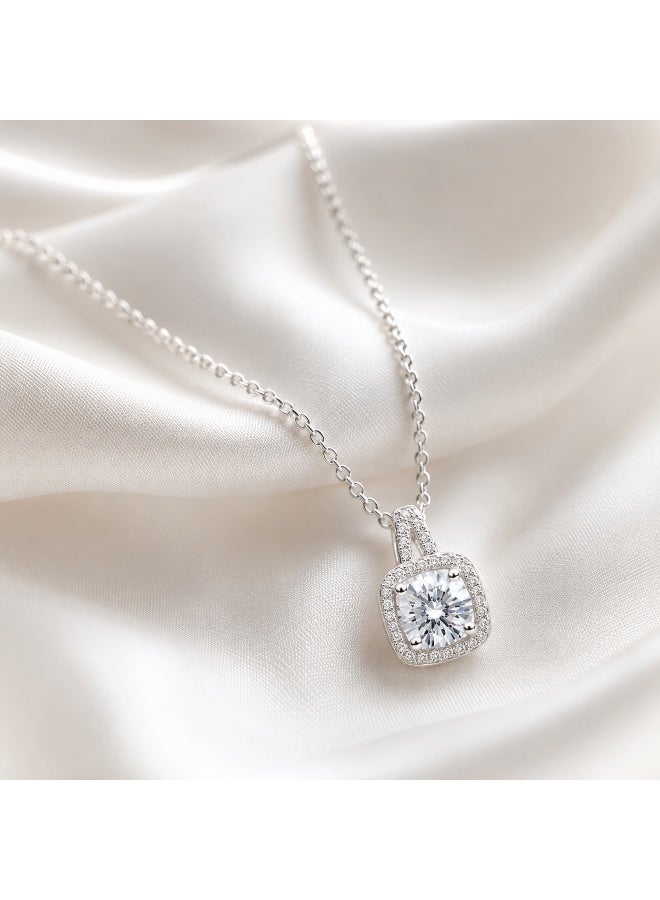 RAFAL Women's Silver-Tone Round Crystal Solitaire Pendant Necklace with Cushion Halo - Image 2