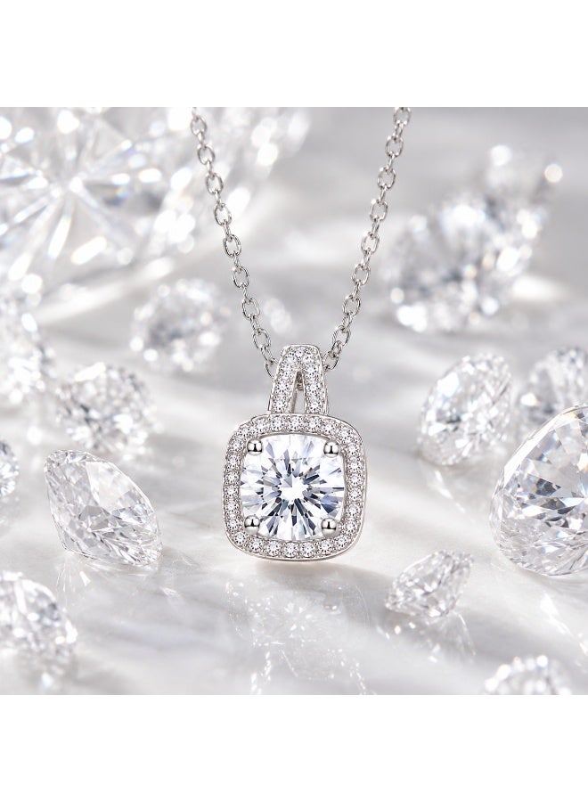 RAFAL Women's Silver-Tone Round Crystal Solitaire Pendant Necklace with Cushion Halo - Image 3