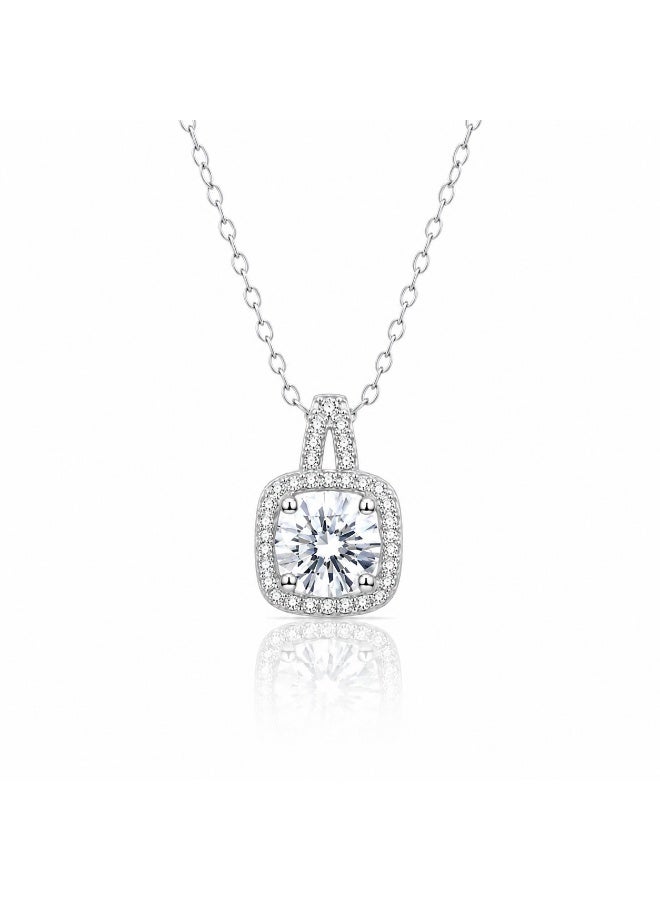 RAFAL Women's Silver-Tone Round Crystal Solitaire Pendant Necklace with Cushion Halo - Image 1