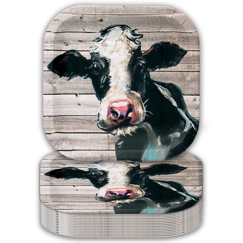 Havercamp Cow 9  Plates on Barnwood (24 pcs.)! Authentic and Iconic Cow on a Rustic Barnwood Background. 24 Lg. 9 in. Square Dinner Plates. Pair with the Farm Table Collection! - Image 1