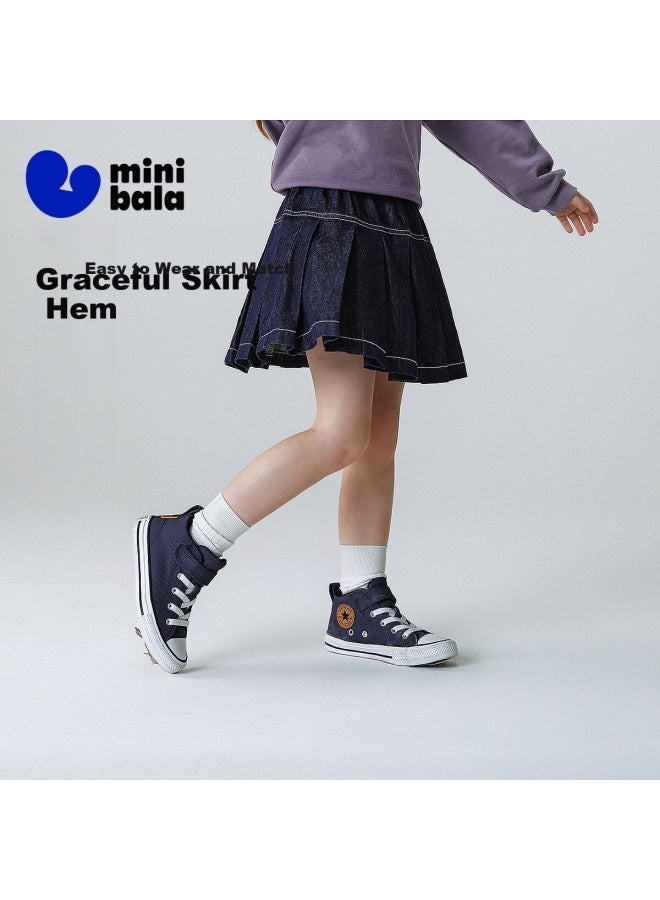 Minibala Academy Style Girls Baby Children Versatile Soft Breathable Denim Pleated Skirt Spring - Image 1