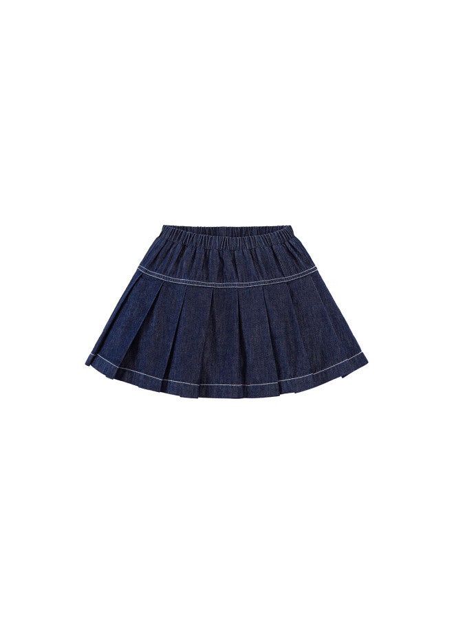 Minibala Academy Style Girls Baby Children Versatile Soft Breathable Denim Pleated Skirt Spring - Image 3