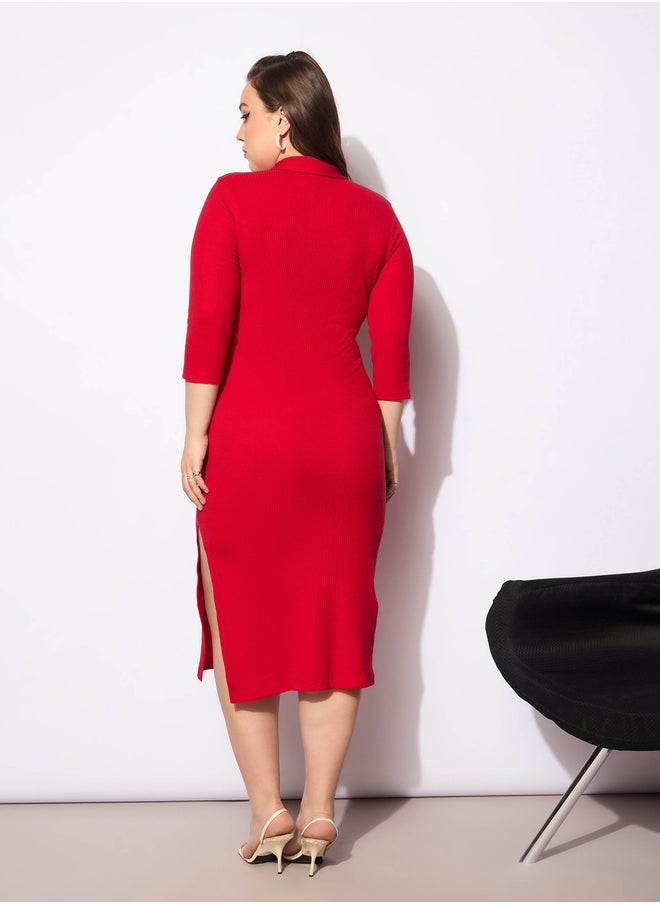 SASSAFRAS Sassafras Plus Size Solid Rib Polo Neck Front Button Midi Dress  - Image 5