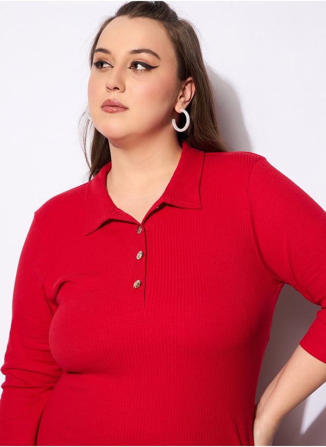 SASSAFRAS Sassafras Plus Size Solid Rib Polo Neck Front Button Midi Dress  - Image 4