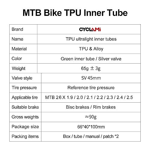 CYCLAMI 2-Pack TPU Bike Inner Tube Ultralight Mountain Bicycle Tire 26'' Compatible with 1.9/2.0/2.1/2.2/2.3/2.4/2.5 Metal Presta Valve 1.77''/45mm for MTB (4* Bike Inner Tire Patch Repair Kit) - Image 5