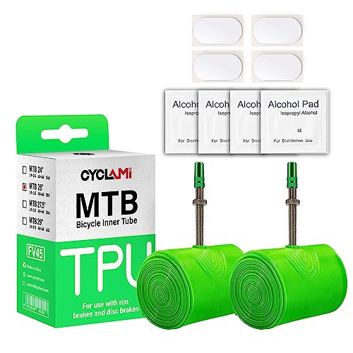 CYCLAMI 2-Pack TPU Bike Inner Tube Ultralight Mountain Bicycle Tire 26'' Compatible with 1.9/2.0/2.1/2.2/2.3/2.4/2.5 Metal Presta Valve 1.77''/45mm for MTB (4* Bike Inner Tire Patch Repair Kit) - Image 1