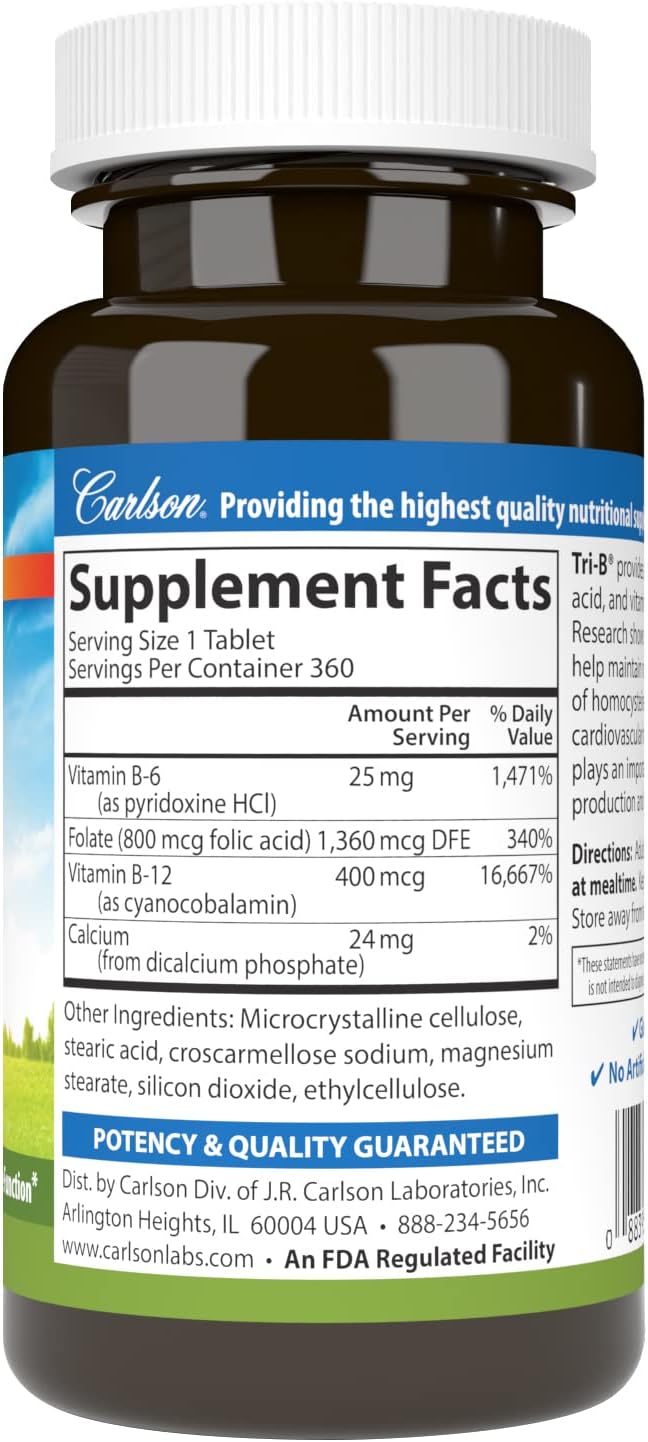 Carlson كارلسون تري بي فيتامين ب كومبليكس 25 ملغ فيتامين ب6 400 ميكروغرام فيتامين ب12 حمض الفوليك حبوب الطاقة تعزز صحة القلب والأوعية الدموية فيتامينات ب كومبليكس مكمل فيتامين ب12 360 قرص - Image 2