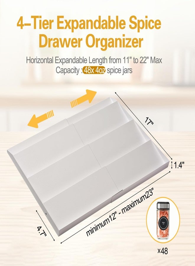 GOENDR Metal Spice Drawer Organizer, 4-Tier Spice Rack for Cabinet, Expandable Seasoning Organizer Fits 11.4-22.8” Drawer, Holds up to 48 Spice Jars (Not Included), White - Image 4