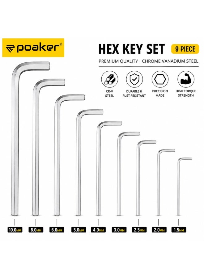 Poaker 9-Piece Allen Wrench Set, Metric Hex Key Set (1.5mm–10mm), Chrome Vanadium Steel (CR-V), L-Shaped Hex Allen Keys, Rust Resistant, High Torque Hand Tool Set for Bicycle, Furniture & Automotive - Image 2