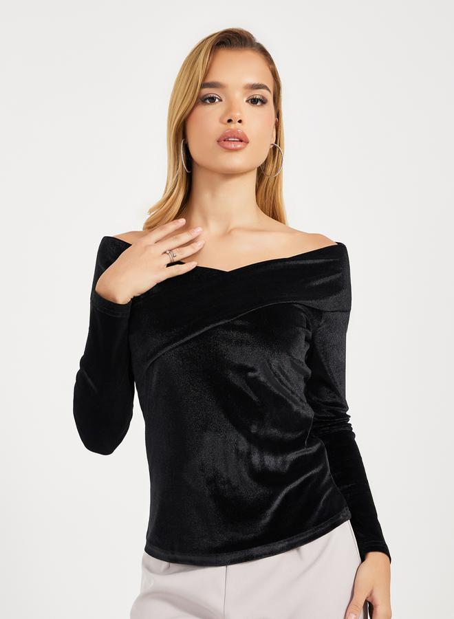 Styli Off Shoulder Neck Velvet Knit Top  - Image 1
