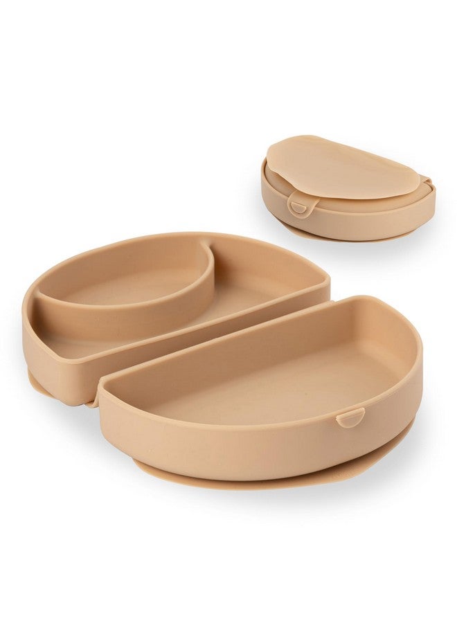 Miniware Baby Travel Plate with Suction - Foldable Silicone Baby Travel Essential to Promote Self-Feeding - Dishwasher Safe, BPA Free, Silicone Baby Plate for On The Go - Almond Butter Silifold - Image 1
