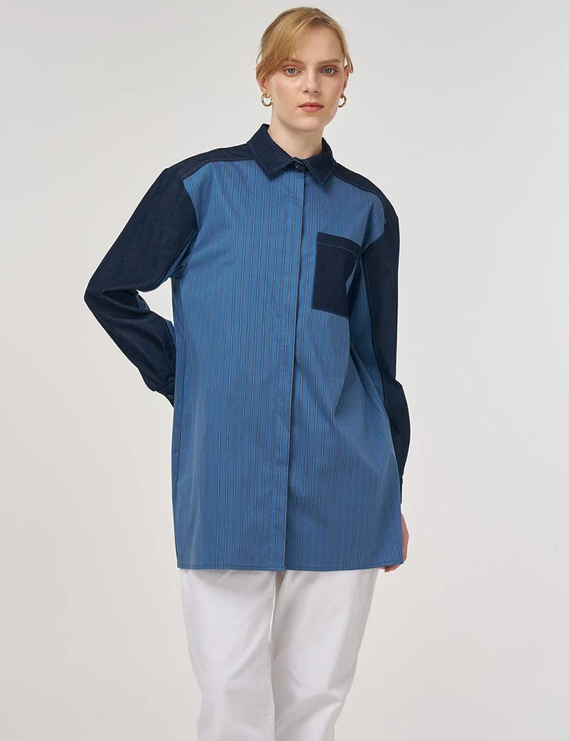 Kayra Denim-Trimmed Cotton Tunic Indigo