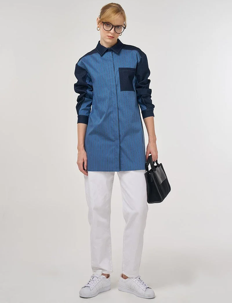 Kayra Denim-Trimmed Cotton Tunic Indigo