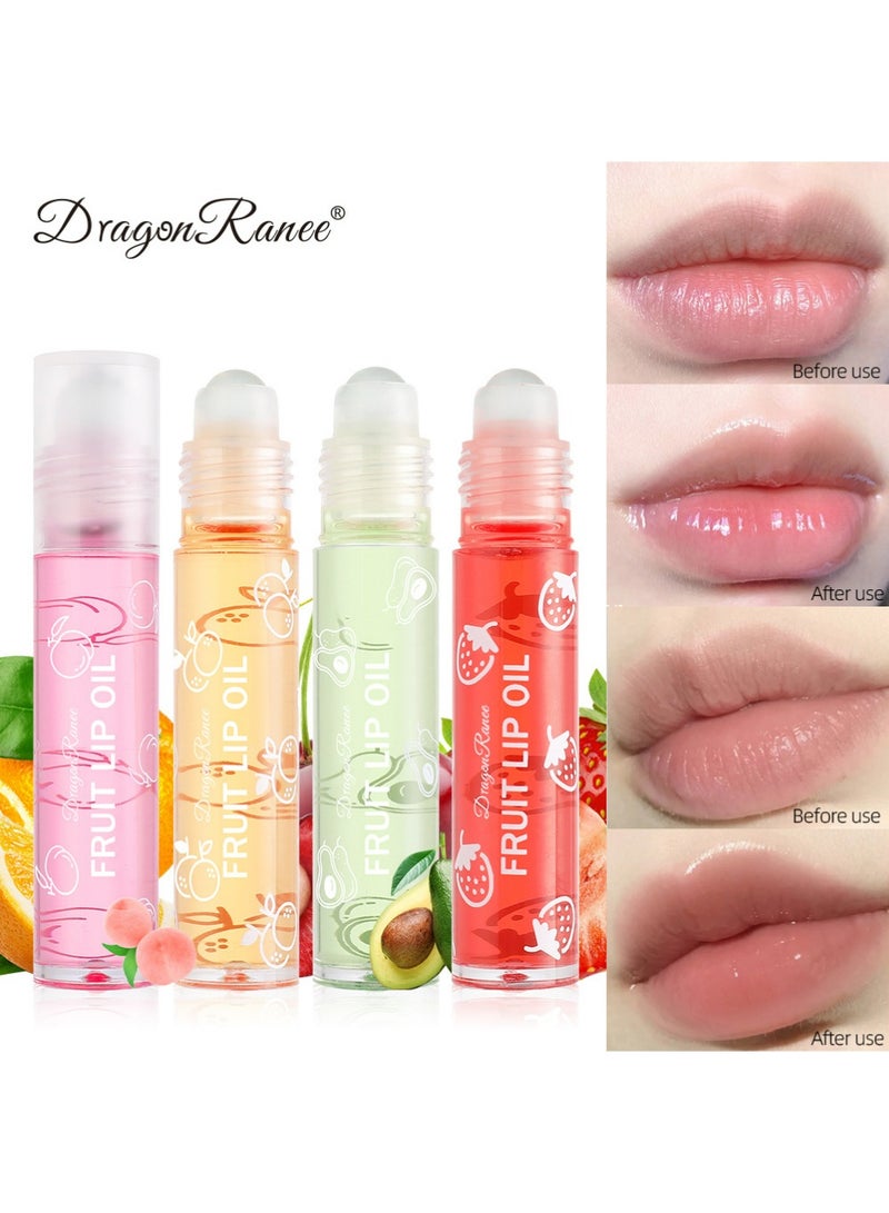 Dragon Ranee 4Pcs Fruity Flavors Rolling Ball Lip Oil, Long Lasting Moisturizing Lip Balm, Roll-On Lip Gloss, Fruity Flavor Glossy Lip Make-up for All Ages, Transparent Lip Gloss - Image 1