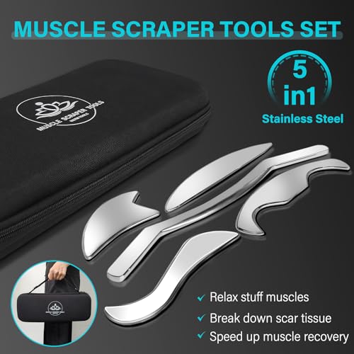 congumi 5 in 1 Stainless Steel Gua Sha Muscle Scraper Tools Set, Scraping Tools Kit for Physical Therapy, IASTM Tools, Guasha Tools for Deep Tissue Massage with Storage Bag - Image 2