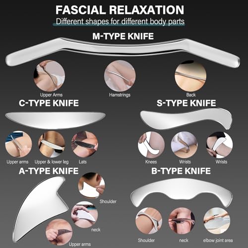 congumi 5 in 1 Stainless Steel Gua Sha Muscle Scraper Tools Set, Scraping Tools Kit for Physical Therapy, IASTM Tools, Guasha Tools for Deep Tissue Massage with Storage Bag - Image 3