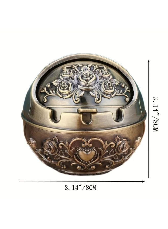 Bronze Rose Dragon Phoenix Vintage Carved Metal Ashtray Windproof Lid Gift - Image 1