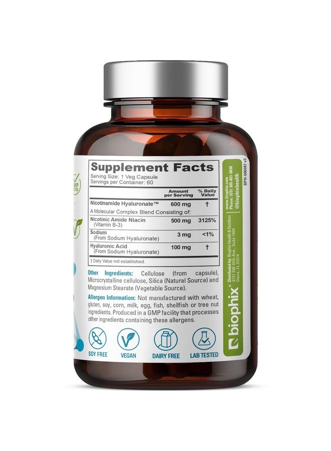 biophix Nicotinamide Hyaluronate 600 mg 60 Vcaps - Natural Flush-Free | Gluten-Free Nicotinic Amide Niacin | Hyaluronic Acid | Supports Skin Health | Healthy Cell Repair Support - Image 2