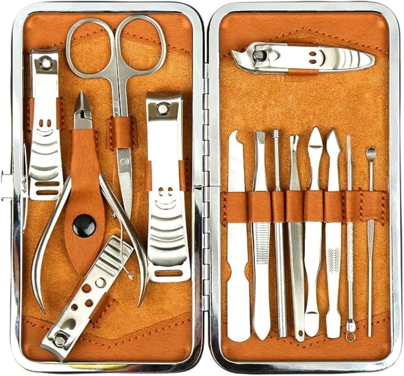 HS Manicure Set for Women Men Manicure Pedicure Tools Accessories 14 pcs Stainless Steel Nail Clippers Set Cuticle Remover Cutter Trimming Grooming Tools wLeather Case Nail Kit