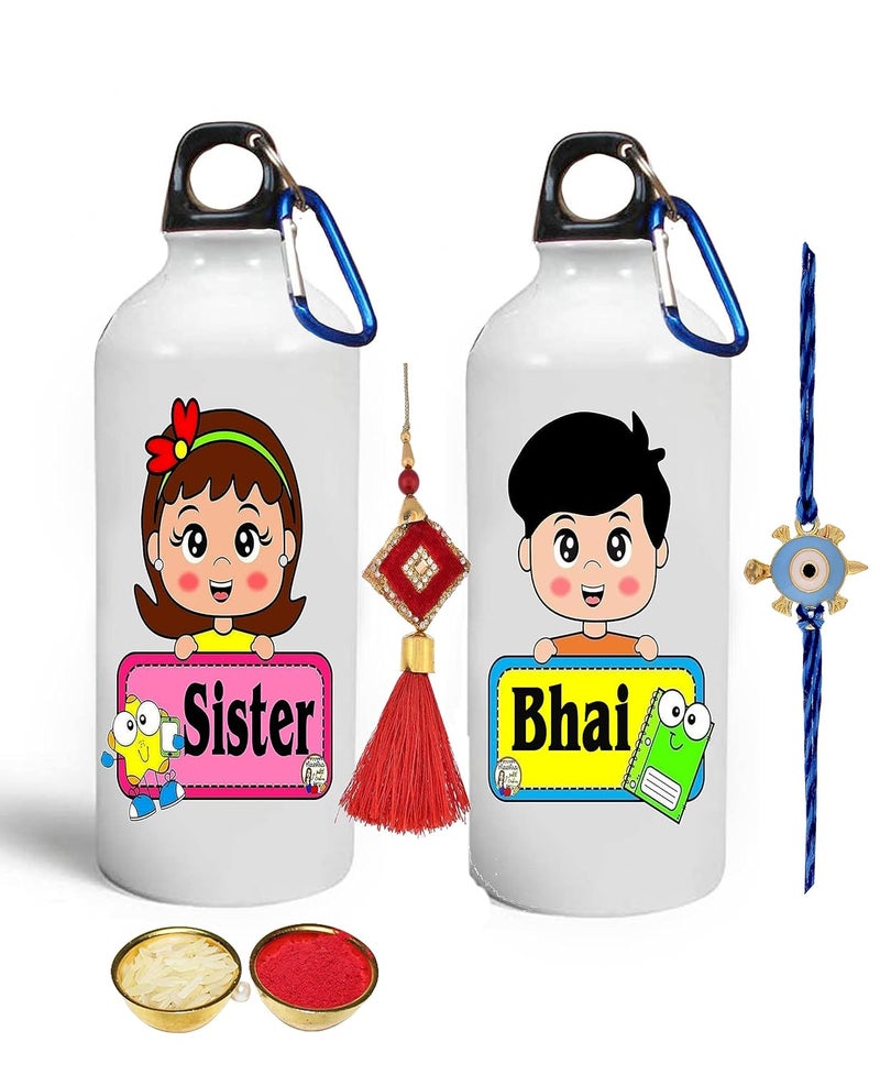 V Kraft WORLDS BEST BRO SISTER Printed sipper bottle with Designer Rakhi for BROTHER SISTER with roli chawal for Tilak and Rakhi Special Wishes Card 600 ml rakhi combo 01 - Image 1