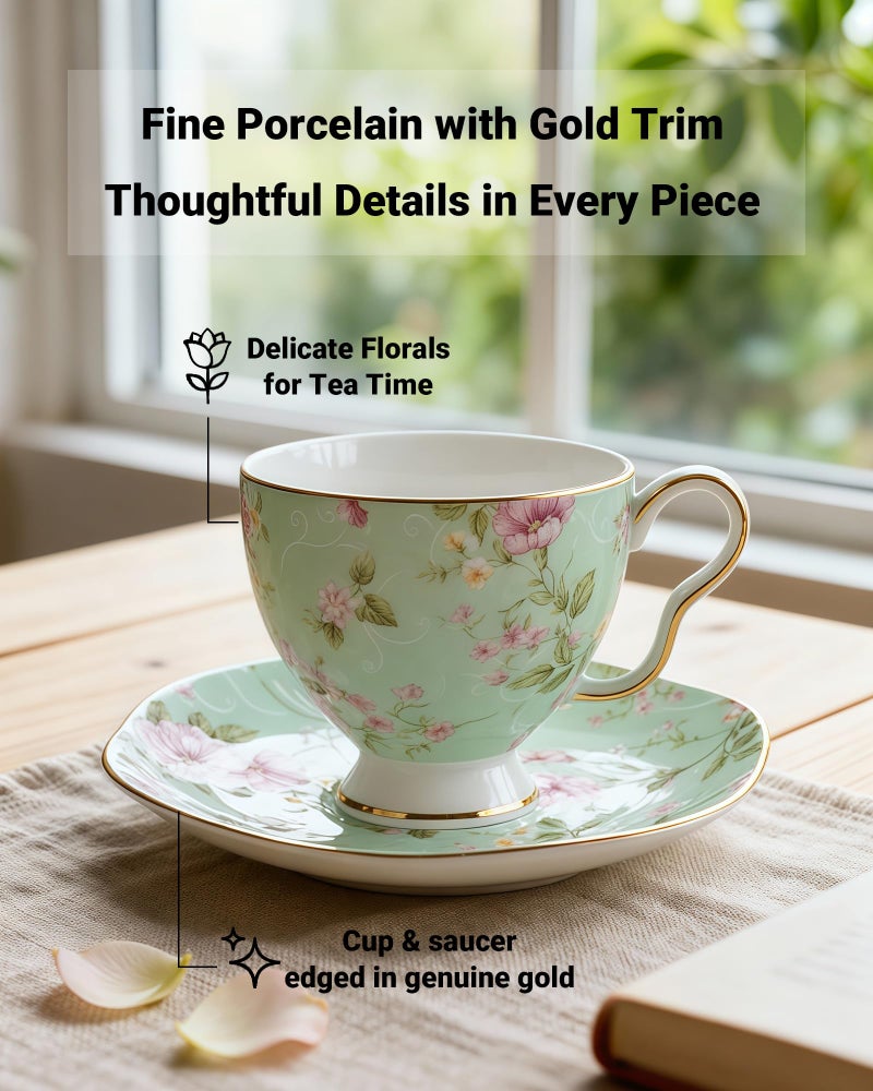 Moqidadii Exquisite Bone China Tea Cups and Saucer Set – Elegant Porcelain Tea Cups, Beautifully Detailed for Tea Lovers, Gift-Ready for Christmas, Hostess, Holiday Gift & Fall Decor - Image 5