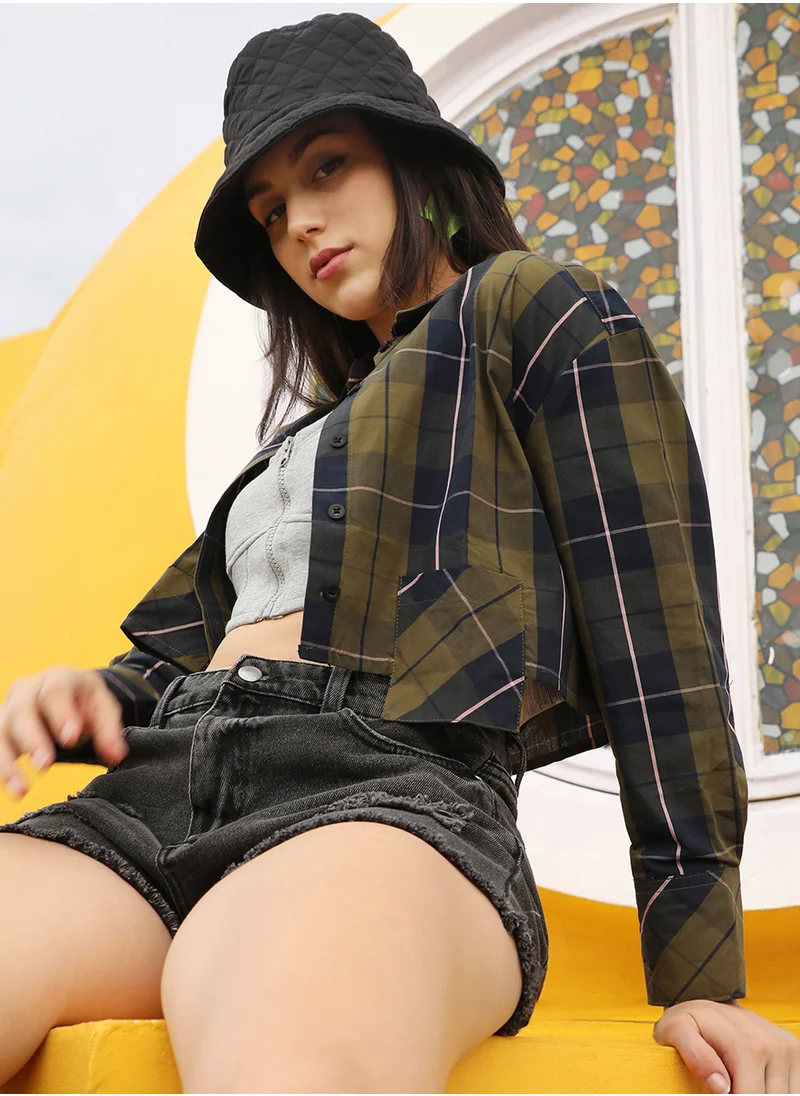 PINACOLADA Women's Olive Green & Navy Blue Tartan Plaid Crop Shirt
