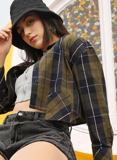 PINACOLADA Women's Olive Green & Navy Blue Tartan Plaid Crop Shirt