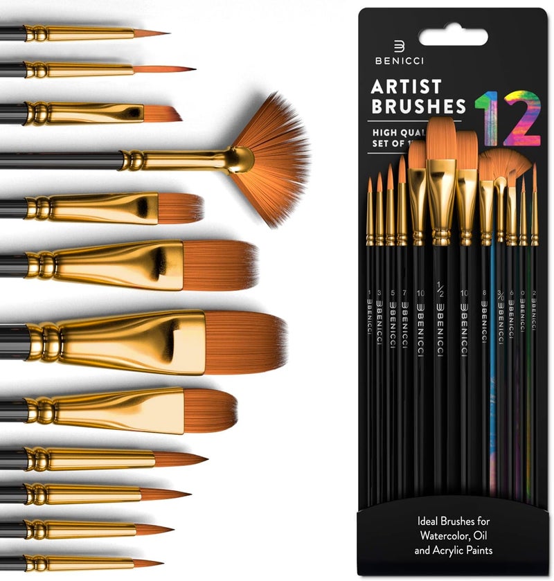Benicci Professional Artist Paint Brush Set of 12 - Painting Brushes Kit for Kids, Adults Fabulous for Canvas, Watercolor & Fabric - for Beginners and Professionals - Great for Water, Oil or Acrylic Painting - Image 1