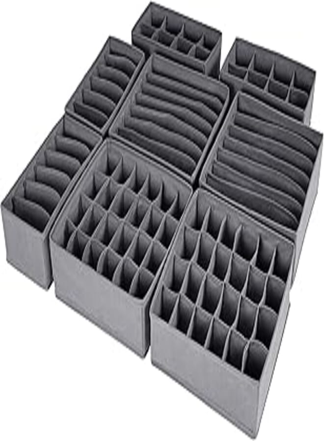 8 Set Drawer Underwear Organizer Divider Fabric Foldable Dresser Storage Basket Organizers and Storage Bins for Storing Bra Ties Lingerie Undies Sock Panty Belts Clothes Scarves (8 Pack Grey) 