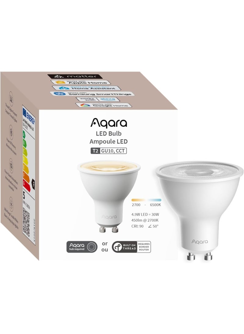 أكارا لمبة إضاءة Aqara Thread/Zigbee LED ذكية T2 GU10، أبيض قابل للضبط (2700K-6500K)، ما يعادل 30 واط، مهم، تعمل مع HomeKit و Alexa و Google والمزيد  - Image 1