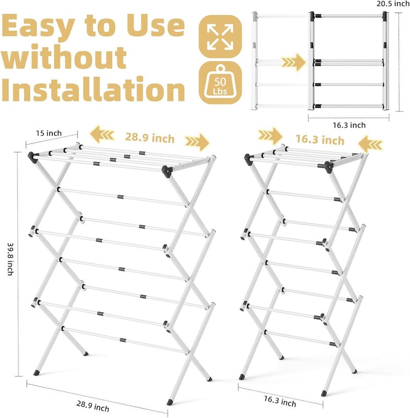 BAKON Space Saving Foldable Clothes Drying Rack, Extendable Rustproof Laundry Rack for Indoor Outdoor Use, No Assembly Required, Suitable for Bathroom Laundry Room Apartment RV, White - Image 2