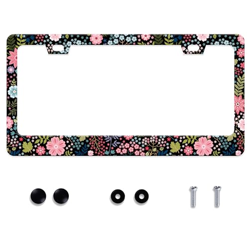 UNINDREM Floral License Plate Frame Beautiful Flower Stainless Steel License Plate Frame Auto Parts Decoration with Screws License Plate Holder for Men Women 12x6 Inch - Image 1