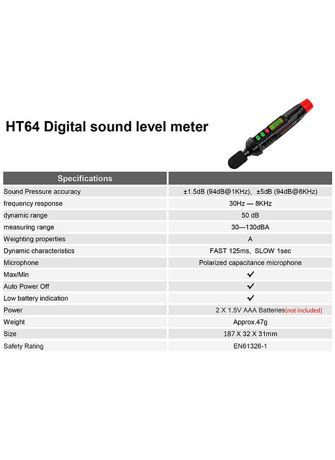 HT64 Sound Level Meter Portable Decibel Meter A-Weighted Noise Detector 30-130dB Mini Decibel Monitoring Device High Accuracy Sound Level Meter Digital Display