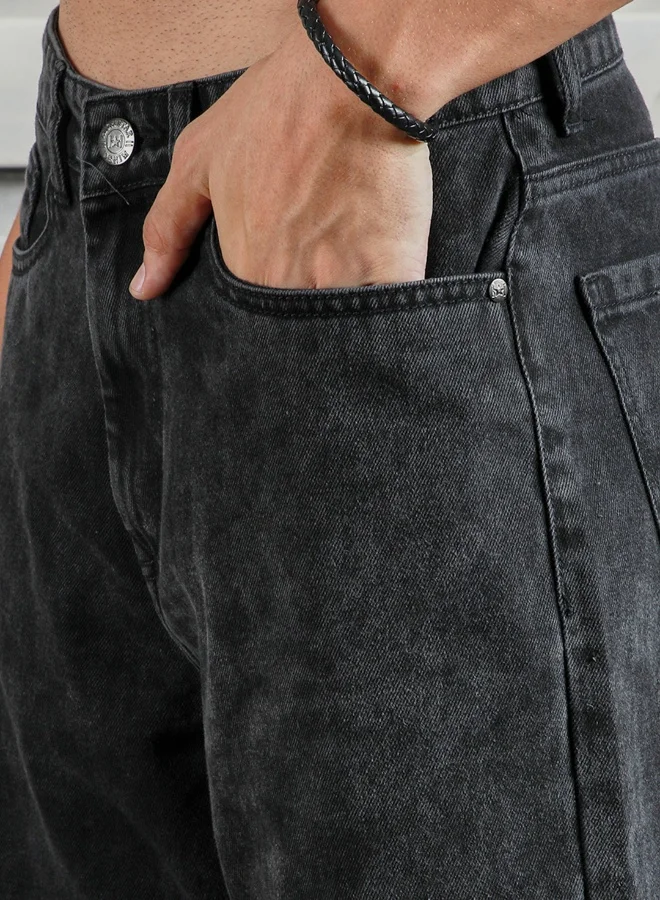 HIGH STAR Men's Black 100% Cotton Bleached Cropped Length Cargo Loose Shorts