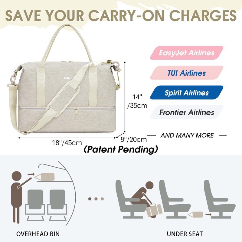 WANDF حقيبة WANDF المحمولة 45x36x20 لرحلات Easyjet مع منفذ شحن USB، جيب مبلل وحيز للأحذية، حقيبة يد للسفر في عطلة نهاية الأسبوع للنساء والرجال (بيج) - Image 2