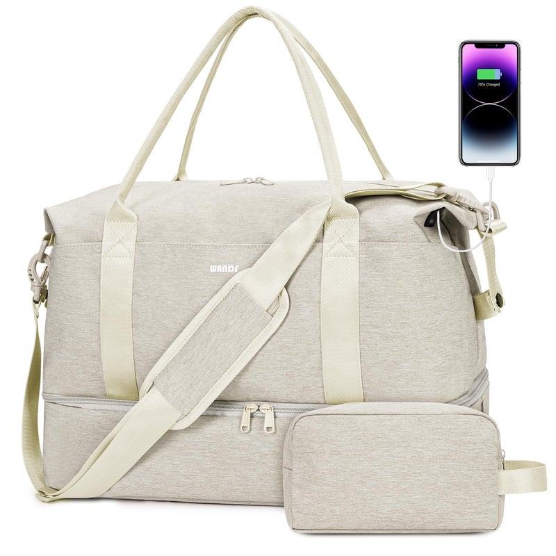 WANDF حقيبة WANDF المحمولة 45x36x20 لرحلات Easyjet مع منفذ شحن USB، جيب مبلل وحيز للأحذية، حقيبة يد للسفر في عطلة نهاية الأسبوع للنساء والرجال (بيج) - Image 1