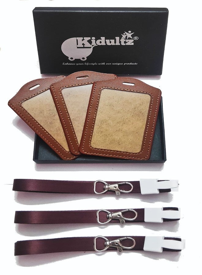 Kidultz Premium Leather I'd Card Holder - Vertical Holder with Rope - Attractive Brown Colour(1 Set - 3 I'd Holder, 3 Rope, 3 Hook) (Vertical)