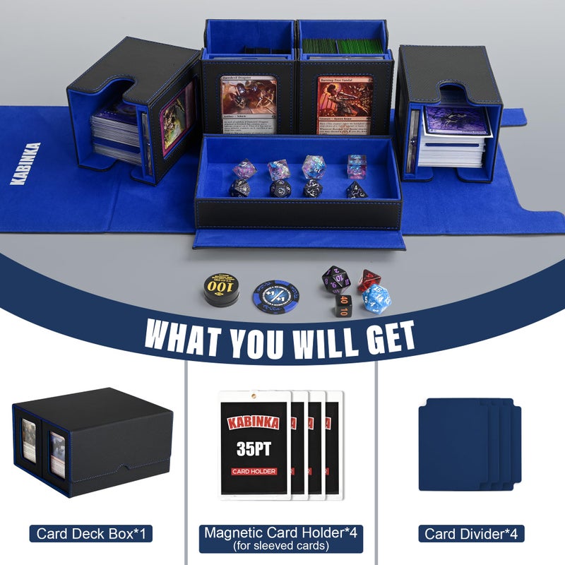 Kabinka Card Deck Box for MTG with Commander Display, 5 in 1 Card Storage Box Fits 400+ Double-sleeved Cards, Removable Deck Case for TCG/Sports Cards with Dice Tray, 4 Magnetic Card Holders (Black Blue) - Image 5