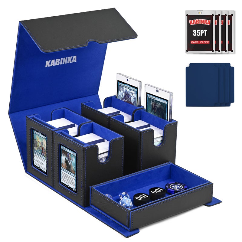 Kabinka Card Deck Box for MTG with Commander Display, 5 in 1 Card Storage Box Fits 400+ Double-sleeved Cards, Removable Deck Case for TCG/Sports Cards with Dice Tray, 4 Magnetic Card Holders (Black Blue) - Image 1