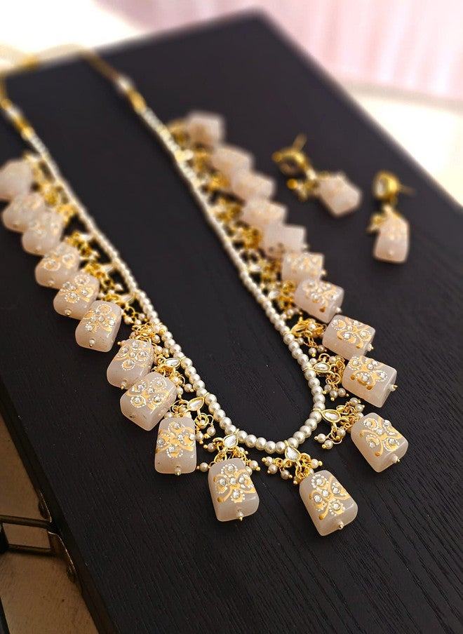 Binnis Wardrobe Gold Plated Quartz Stone Studded & Beaded Necklace & Earrings - Image 1