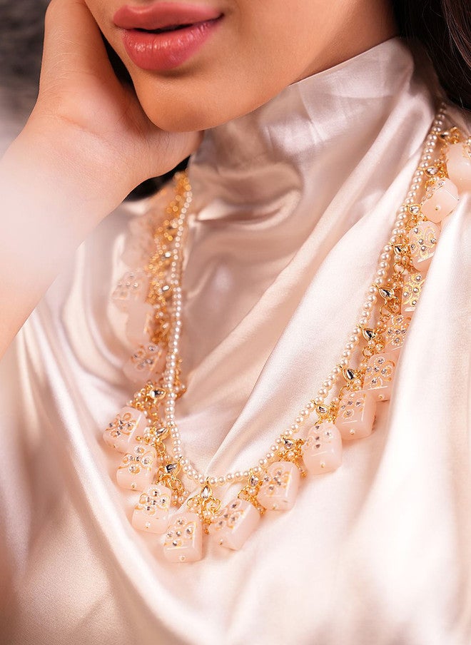 Binnis Wardrobe Gold Plated Quartz Stone Studded & Beaded Necklace & Earrings - Image 5
