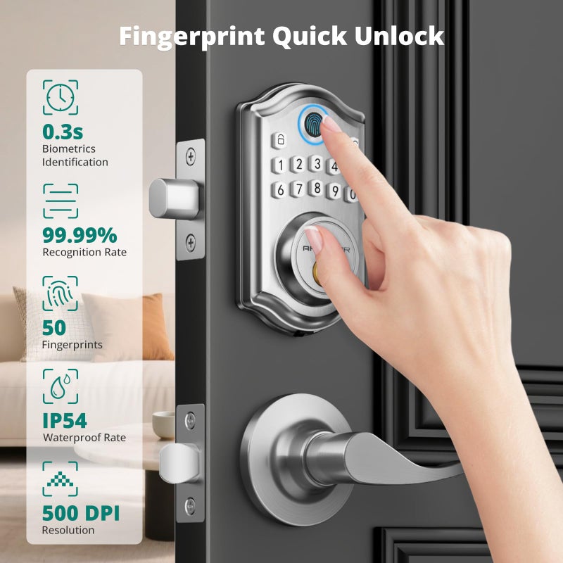 AkaGear DS10 Pro Keyless Entry Door Lock with Handle - 2 Lever Handles, Bluetooth APP Control, Fingerprint Door Locks, Electronic Keypad Deadbolt Lock, Smart Doors Lock, Auto-Lock, Satin Nickel - Image 2