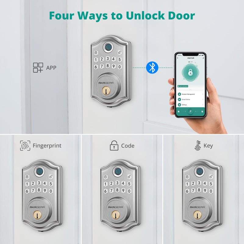 AkaGear DS10 Pro Keyless Entry Door Lock with Handle - 2 Lever Handles, Bluetooth APP Control, Fingerprint Door Locks, Electronic Keypad Deadbolt Lock, Smart Doors Lock, Auto-Lock, Satin Nickel - Image 4
