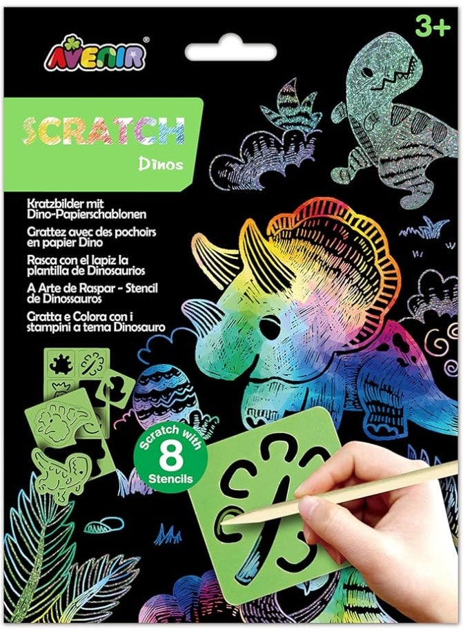 Scratch Book with Stencils - Dinosaur Theme, A Combination of Scratch Art and Stencils for Children Ages 3+, Arts and Crafts for Children, Green - Image 1