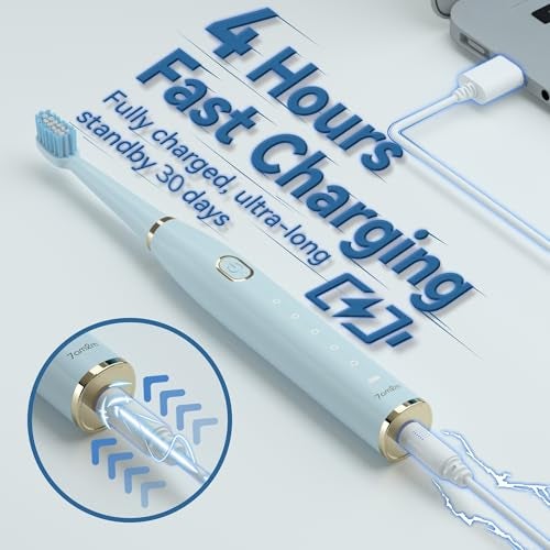 7AM2M Sonic Electric Toothbrush for Adults and Kids- High Power Rechargeable Toothbrushes with 8 Brush Heads,5 Adjustable Modes, Built-in 2-Minute Smart Timer,4 Hours Fast Charge for 30Days (Blue) - Image 3