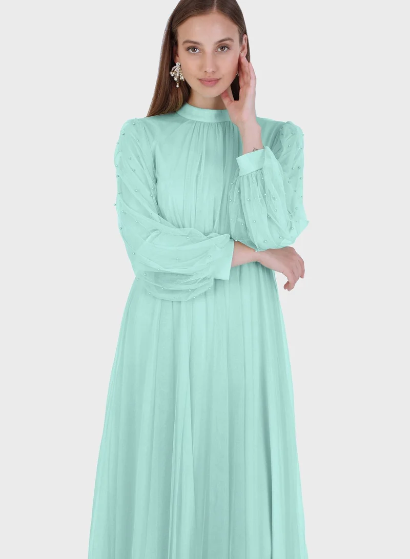 Refka by modanisa Crew Neck Balloon Sleeve Tulle Dress