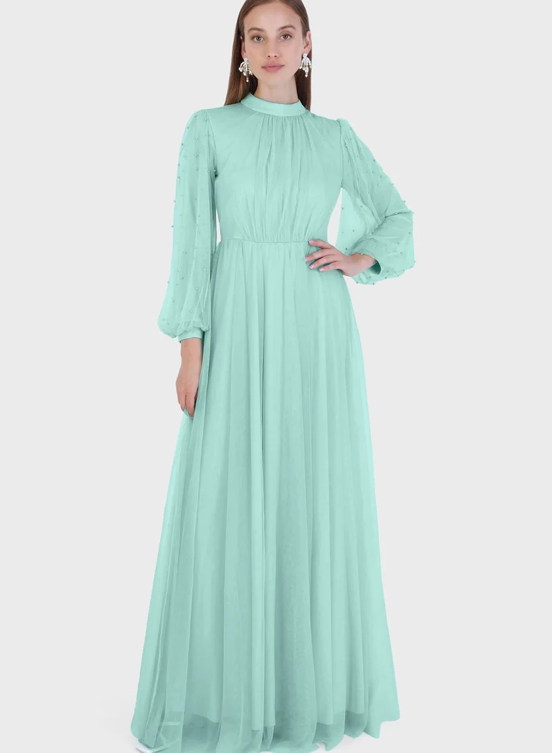 Refka by modanisa Crew Neck Balloon Sleeve Tulle Dress