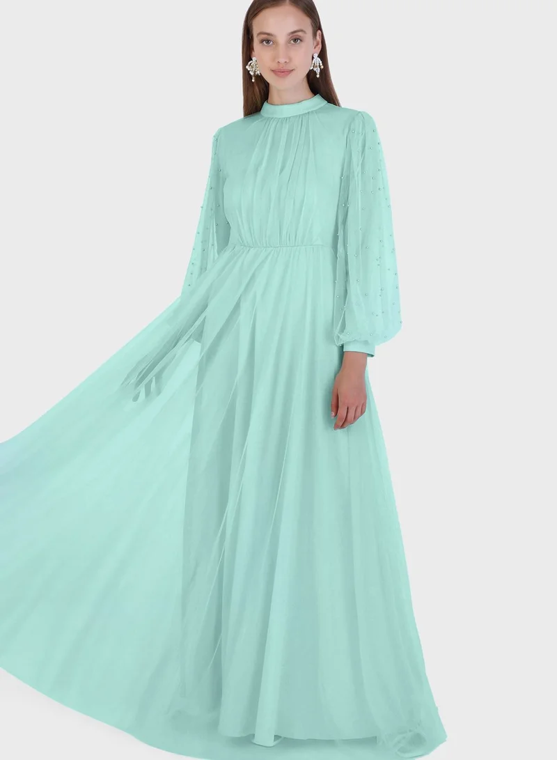 Refka by modanisa Crew Neck Balloon Sleeve Tulle Dress