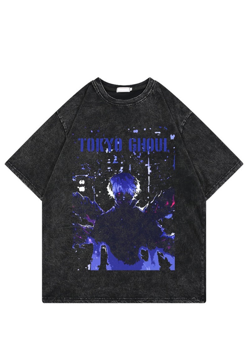 Washed retro T-shirt street hip hop anime Tokyo ghoul casual cotton summer short sleeves - Image 1